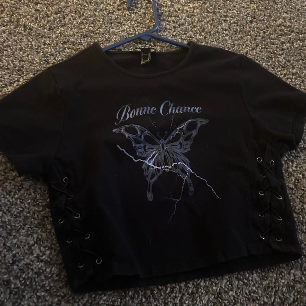 Forever 21 Black Butterfly Lace-Up Crop Top